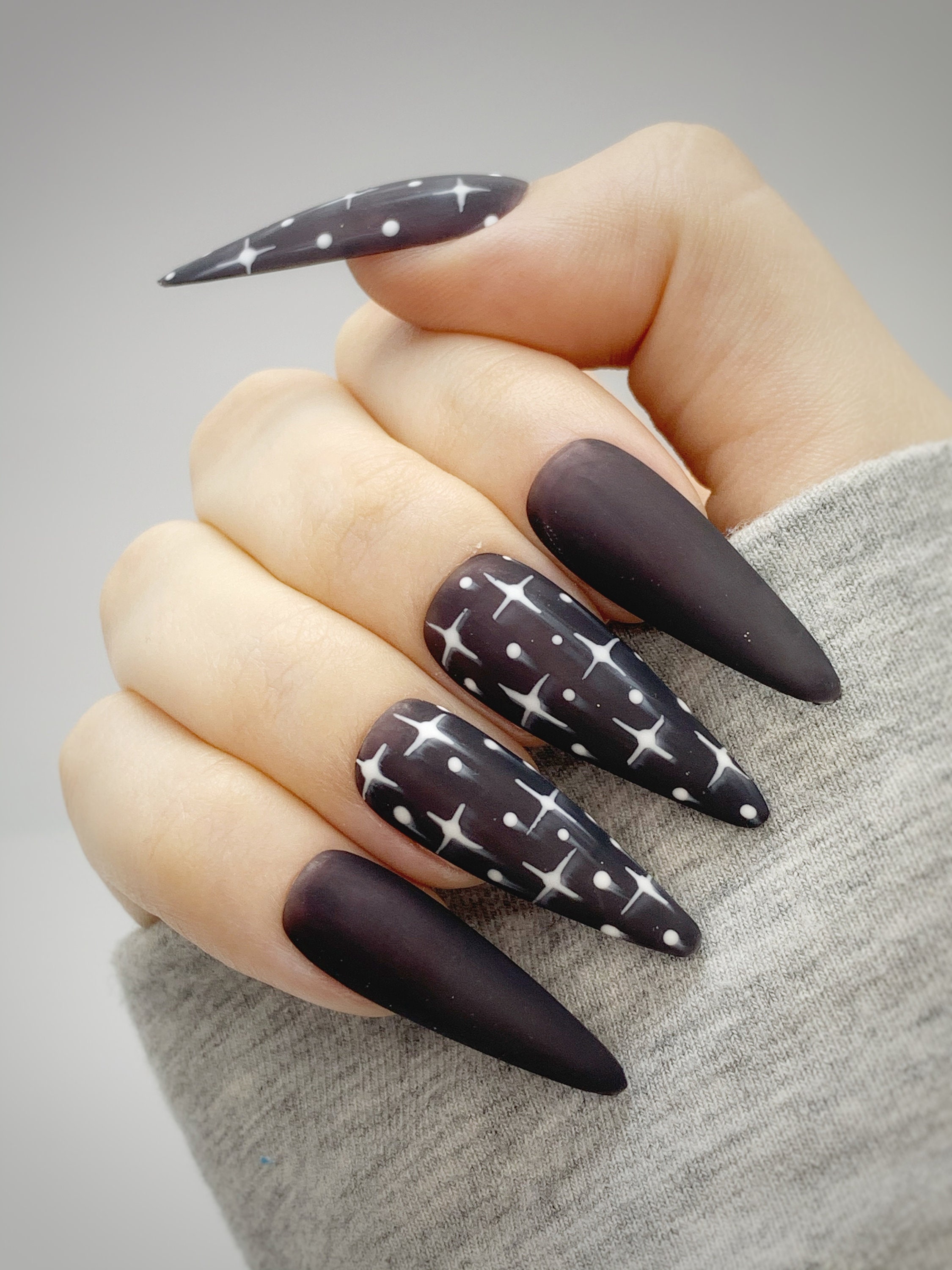 Black Press on Nails Star Nail Art Space Glue on Nails - Etsy New Zealand