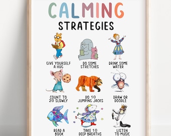 Calming Strategies Classroom Poster, homeschool decor, Special Education sign, self-soothing ideas, book characters ideas for calming