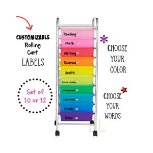 Custom rainbow cart drawer labels/trolly labels/personalized drawer labels/rolling cart organization/10 or 12 drawer teacher cart labels