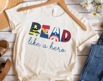 READ like a superhero, teacher appreciation gift, teacher team shirts, superhero-themed classroom, librarian apparel, encouraging reading