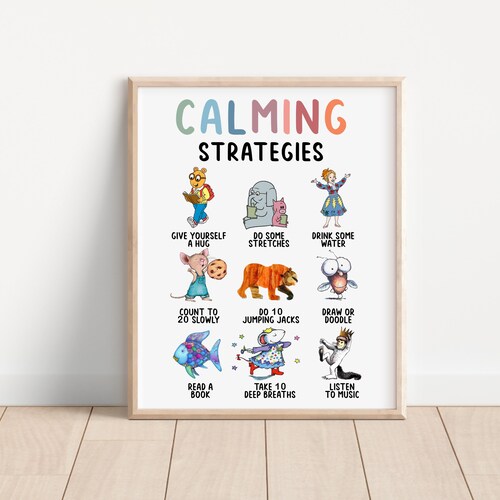 Calming Strategies Classroom Poster, homeschool decor, Special Education sign, self-soothing ideas, book characters ideas for calming