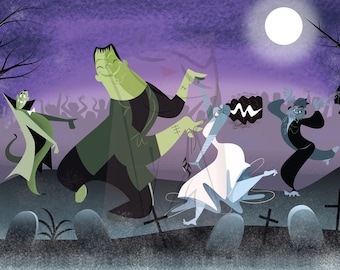 Originele muurkunst - Mad Monster Party, Frankenstein, Bride of Frankenstein, weerwolf, Dracula