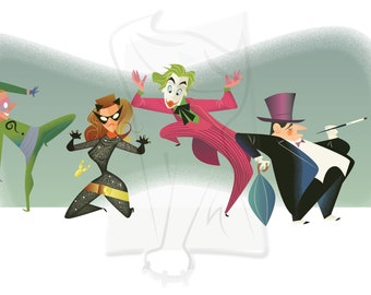 Holy Bat Villains!, Riddler, Joker, Catwoman, pinguïn, originele muurkunst