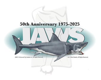 Jaws - sticker 50e verjaardag - witte letters