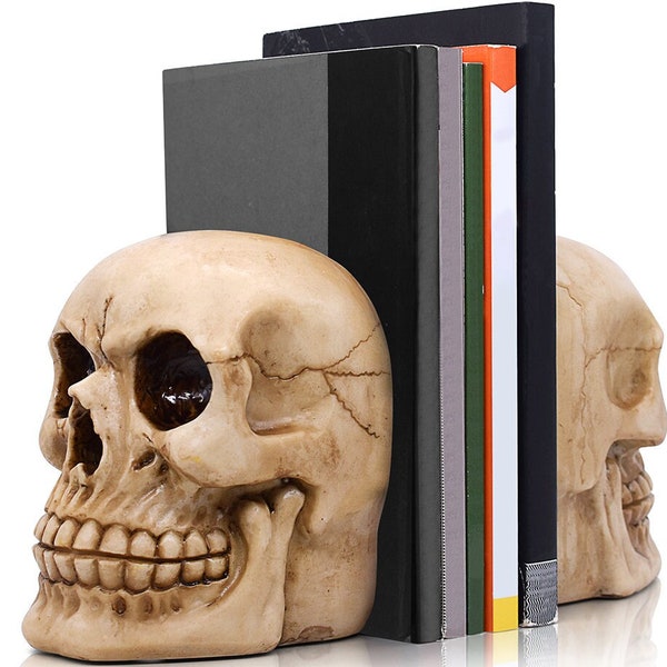 Joyvano Skull Decor Bookends - Decorative Book Holder for Shelves - Gothic Skull Head Book Ends