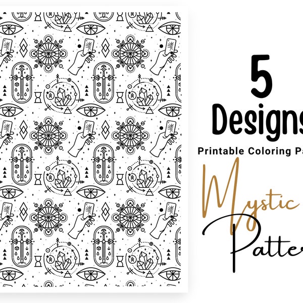 5 Witchy Pattern Adult Coloring Pages | Wiccan Coloring Page | Witchcraft | Mystical | Relaxation | for Women | Witches | Spiritual Paganism