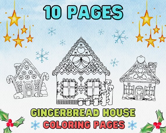 10 Pages Gingerbread House Christmas Coloring Bundle