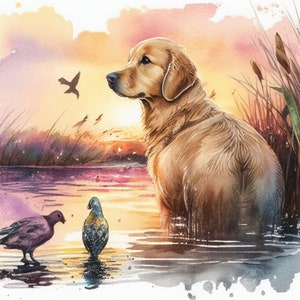 AI Generated Art Golden Retriever Watercolor with Ducks