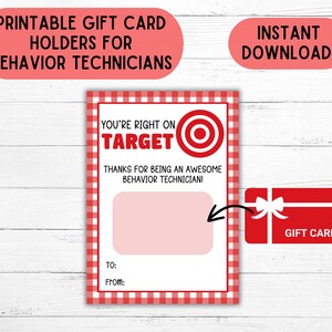 Pode incluir: Um porta-cartão de presente imprimível para técnicos comportamentais. O design apresenta uma borda xadrez vermelha e branca, com as palavras "You're Right on Target" e um gráfico de alvo. Inclui espaço para um cartão de presente e as palavras "To:" e "From:"
