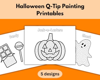 May include: Five printable Halloween-themed Q-tip painting designs. The designs include a candy bar, lollipop, jack-o-lantern, ghost, and a bat. Each design is outlined in black and filled with small circles.