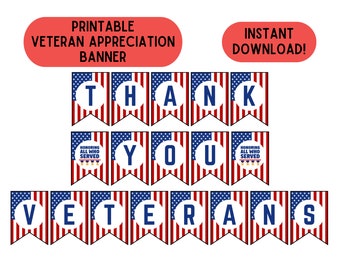 Puede incluir: Pancarta imprimible con diseño de bandera estadounidense roja, blanca y azul. La pancarta dice "Gracias a los veteranos" con un pequeño círculo en cada bandera que dice "Honrando a todos los que sirvieron".