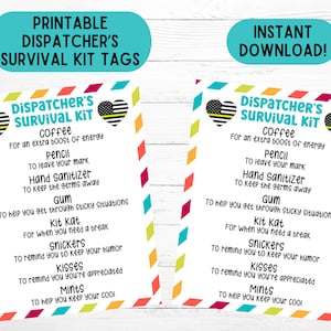 Könnte beinhalten: Druckbare Etiketten für ein Dispatcher-Überlebenskit. Die Etiketten sind bunt und zeigen ein schwarzes und gelbes Herz mit dünner Linienflagge. Der Text auf den Etiketten lautet "Dispatcher's Survival Kit" und listet Artikel wie Kaffee, Bleistift, Händedesinfektionsmittel, Kaugummi, Kit Kat, Snickers, Kisses und Minzen auf.