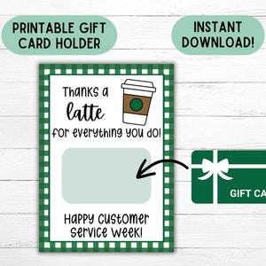 以下が含まれることがあります： 緑と白のチェック柄の背景を持つ、印刷可能なギフトカードホルダー。カードホルダーには、コーヒーカップと「Thanks a latte for everything you do!」というテキスト、ギフトカードを入れるスペースがあります。「Happy customer service week!」というテキストは、カードホルダーの下部にあります。