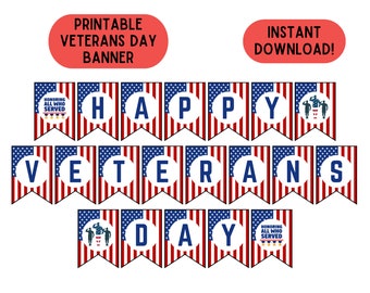 Puede incluir: Pancarta imprimible del Día de los Veteranos con banderines de la bandera estadounidense roja, blanca y azul. La pancarta dice "Feliz Día de los Veteranos" e incluye la frase "Honrando a todos los que sirvieron".