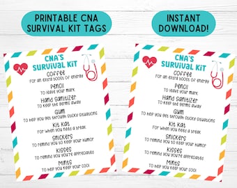 CNA Survival Kit-cadeaukaartje CNA-weekkaart Afdrukbare CNA-waardering downloaden Nursing Assistant Week-cadeaulabels Survival Kit Goody Bag-tags