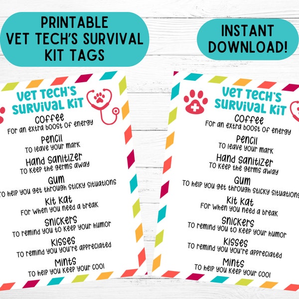 Vet Tech Survival Kit Gift Tag Veterinary Technician Printable Vet Tech Week Card Vet Tech Appreciation Download Vet Tech Goody Bag Tags