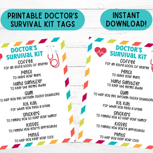 Doctor Survival Kit Gift Tag Doctor's Day Printable Cards Doctor's Day Gift Tag Doctor Appreciation Download Candy Goody Bag Gift for Doctor