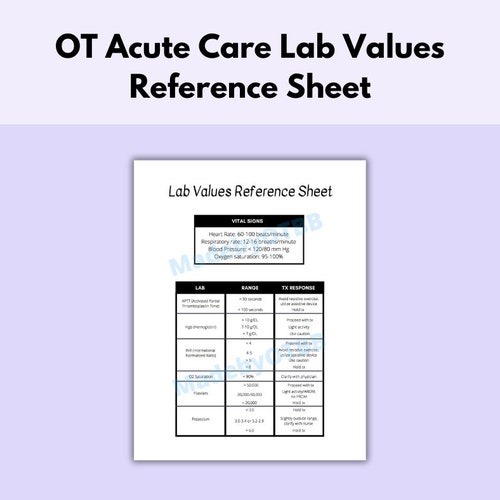 Lab Values Quick Reference Sheet for Acute Care Occupational Etsy