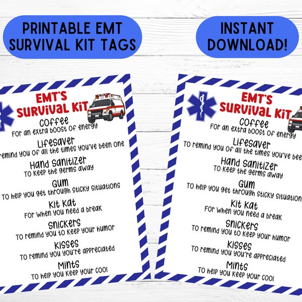 EMT Survival Kit Gift Tag National EMS Week Printable EMT Appreciation Download Emergency Medical Technician Survival Kit Goody Bag Tags