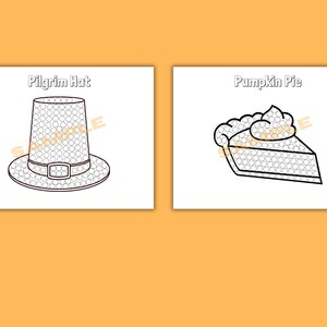 May include: A printable coloring page with two images: a pilgrim hat and a slice of pumpkin pie. Both images are outlined in black and filled with small circles for coloring.