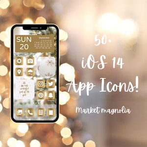 May include: A gold and white iPhone screen displaying a calendar with the date September 20th, a gold and white ornament, and a variety of gold and white app icons. The text "50+ ios 14 App Icons! Market magnolia" is displayed on a blurred background of gold lights.