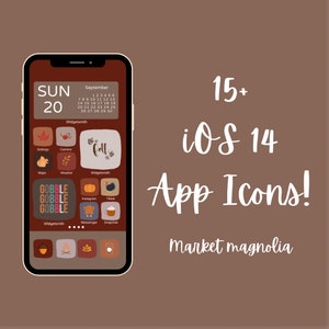 May include: A mockup of an iPhone screen with a calendar showing September 20, a collection of 15+ custom app icons with a fall theme, and the text "15+ iOS 14 App Icons! Market magnolia".