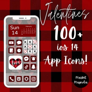 May include: A smartphone screen displaying a Valentine's Day themed app icon set for iOS 14. The icons are red and white with hearts and other Valentine's Day symbols. The text on the screen reads "Valentines 100+ ios 14 App Icons!" and "Market Magnolia".