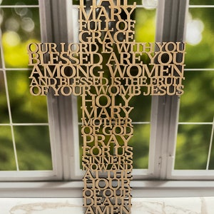Handmade Wooden Laser Cut Cross with Hail Mary Prayer | Catholic Wall Art Decor | Religious Gift for Baptism, Confirmation, or Communion