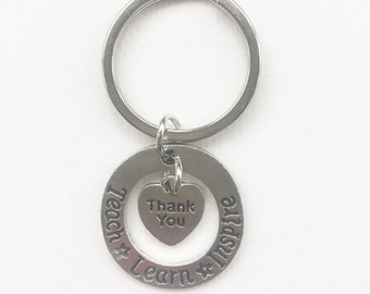 Thank You Teacher Keychain Key Ring - Teach learn Inspire Presented in an Organza Gift Bag