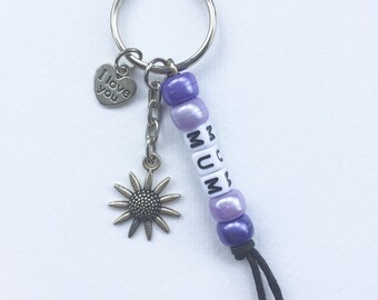 Mother's Day - Mum Keychain - Silver Flower - I Love You Charm - Bead Keyring Gift Personalised