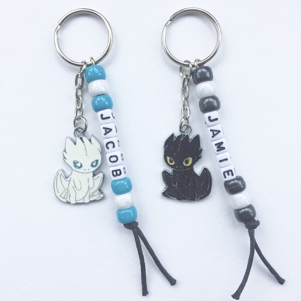 Personalised Name Toothless Dragon Charm Keyring chain Enamel Silver Tone Bead Key Ring