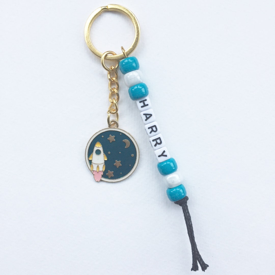 Space Key Rings Personalised Name Space Rocket Enamel Gold Charm Keychain Bead Key Ring ...