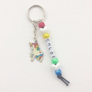 Personalised Name Unicorn Keychain Rainbow Bead Key Ring