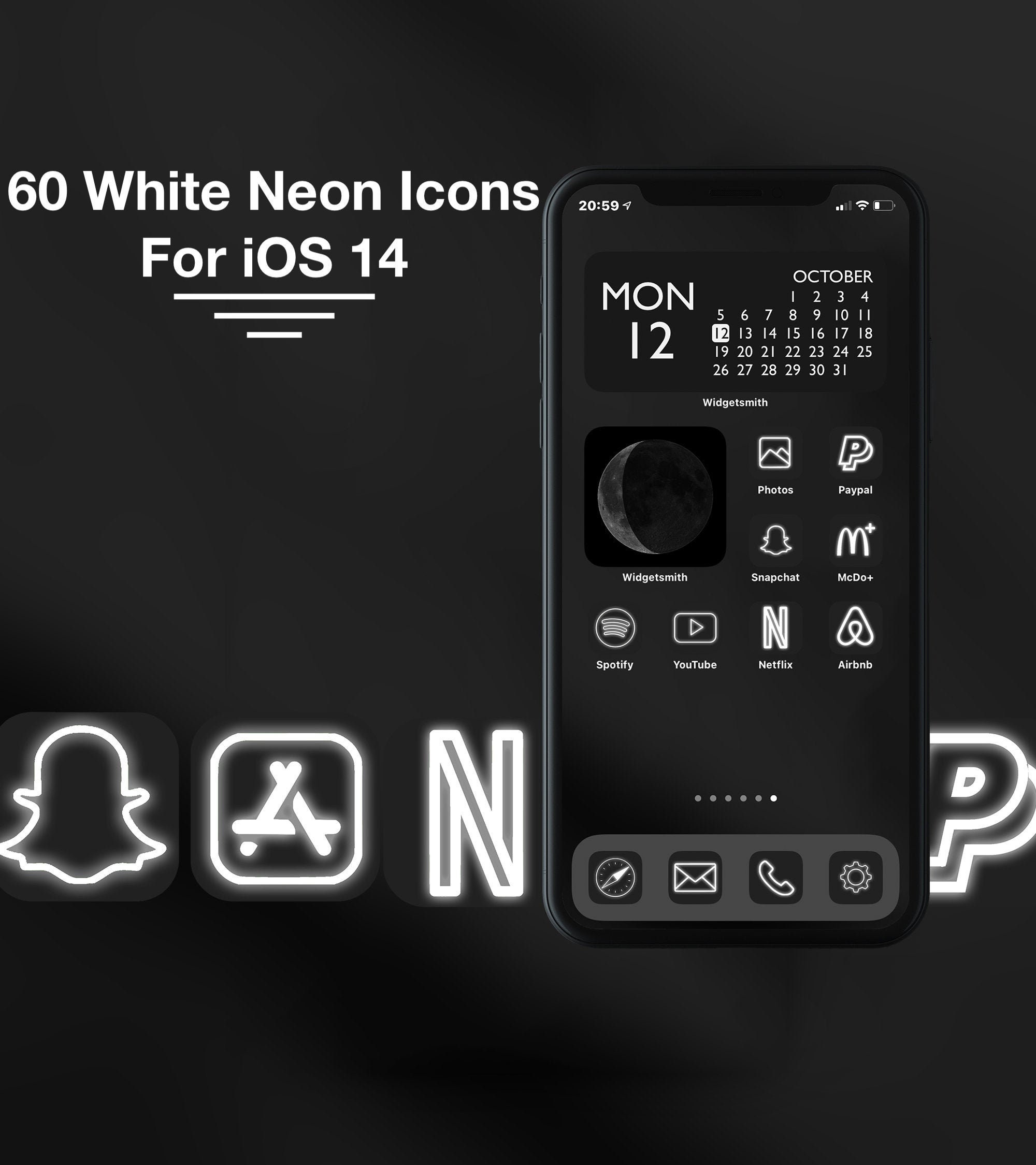 60 Black And White Neon Iphone Ios 14 App Icons Neon App Etsy