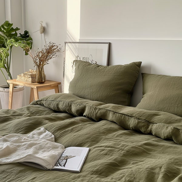 Linen Duvet Cover in Olive Green - Queen Duvet Cover - King Duvet Cover - Linen Bedding - Linen Bedding Set - Linen Duvet Set