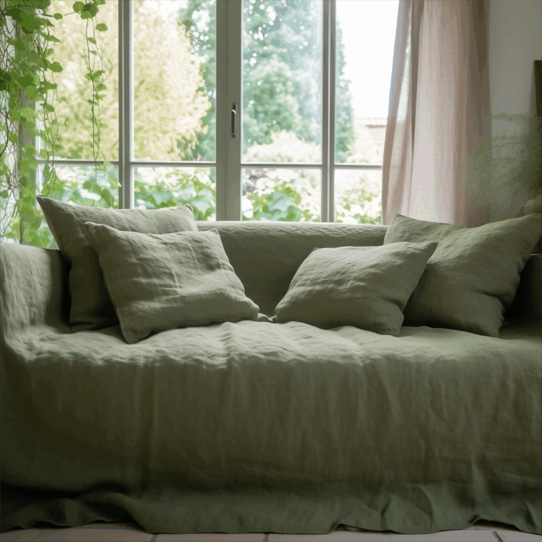 Linen Couch Cover in Moss Green Linen Sofa Slipcover for 2/ 3 /4 Seater