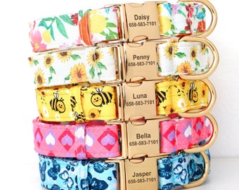 Gepersonaliseerde hondenhalsband met lentebloemen: aangepaste naam, bedrukt nylon, cadeau hond, schattige hondenhalsband