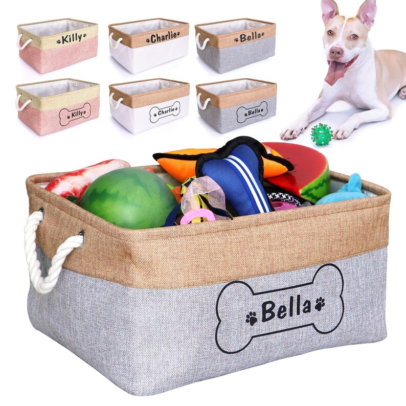 Stylish and practical pet storage basket with a foldable design. Constructed from durable polyester and soft cotton, it can be personalized with your pet's name