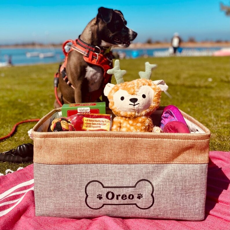 Customizable pet organizer basket with a soft, flexible design. Made from polyester and cotton, it features easy-clean surfaces and comes in various colors.