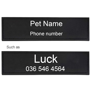 May include: Black rectangular dog tag with white stitching around the edges. The tag has the text "Pet Name" and "Phone number" on the top tag and "Luck" and "036 546 4564" on the bottom tag.