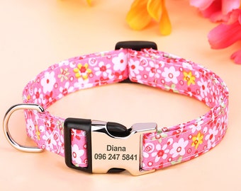 Floral Dog Collar Personalized — Gold Buckle, Custom Name, Summer Boho Style, Dog Mom Gift, Cute Collar