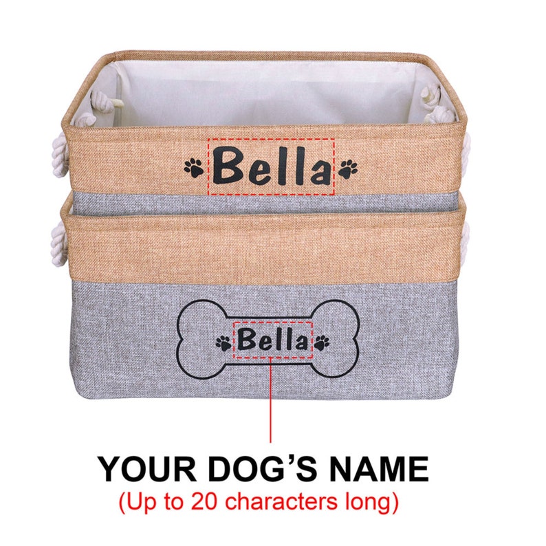 Durable, customizable pet organizer with a soft cotton lining and polyester exterior. Features a foldable design, available in pink, grey, and beige. Perfect for storing toys and accessories.