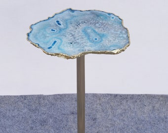Blue Agate Drink Table with Single Leg Stand, Single slice Agate Drink Table with Natural Edges
