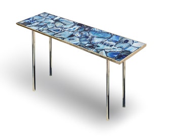 Blue Agate Rectangular Table, Gold plated edge and 4 legs.