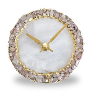 White Agate Clock with Rose Quartz Crystal Gemstones, Modern Desk/Wall Clock, Perfect Gift, House warming gifts. Rose Crystal