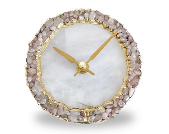 White Agate Clock with Crystal Gemstones, Modern Desk/Wall Clock, Perfect Gift, House warming gifts.
