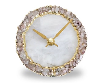 White Agate Clock with Rose Quartz Crystal Gemstones, Modern Desk/Wall Clock, Perfect Gift, House warming gifts.