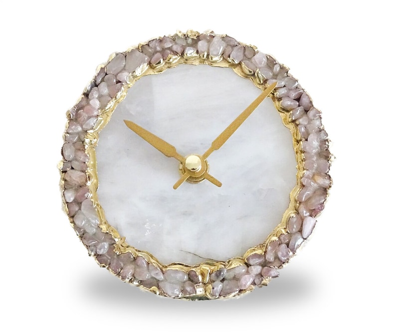 White Agate Clock with Rose Quartz Crystal Gemstones, Modern Desk/Wall Clock, Perfect Gift, House warming gifts. Rose Crystal