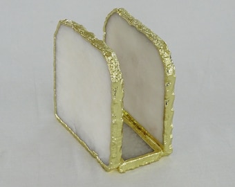 White Agate Napkin Holder with Gold Plated Edge