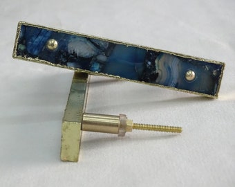 Handcrafted Blue Agate Cabinet Handle, Gold Plated Edge